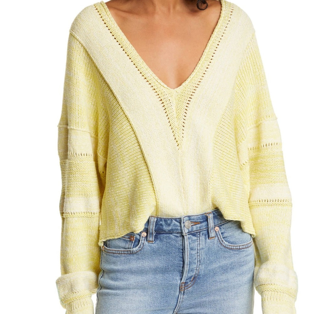 Free People Lemonade Stand V-Neck Knit Long Sleeve Cropped Sweater
